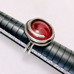 Red Glass Silver Swirl Ring